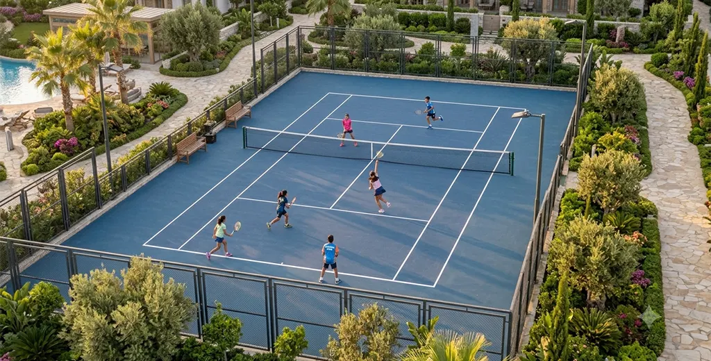 Outdoor sports courts within landscaped grounds
