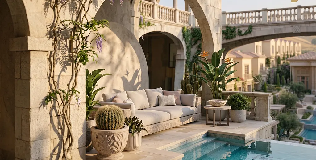 Courtyard seating beside an arched row house entrance