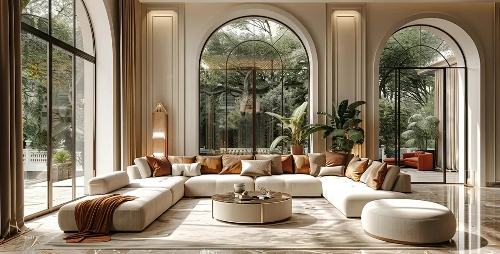Arched windows and seating in a row house living room