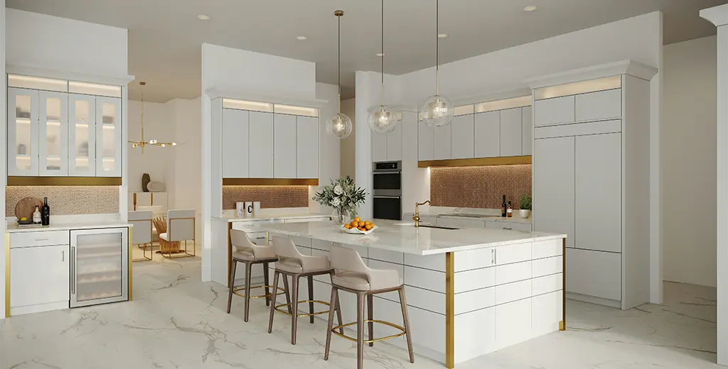 Open living and dining space with a kitchen island