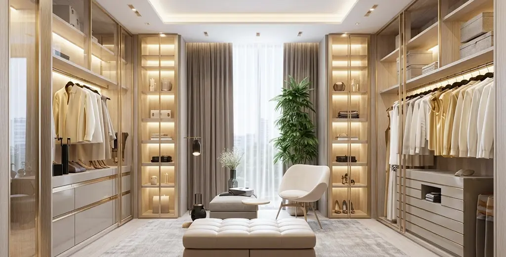 Walk-in wardrobe with fitted storage and seating